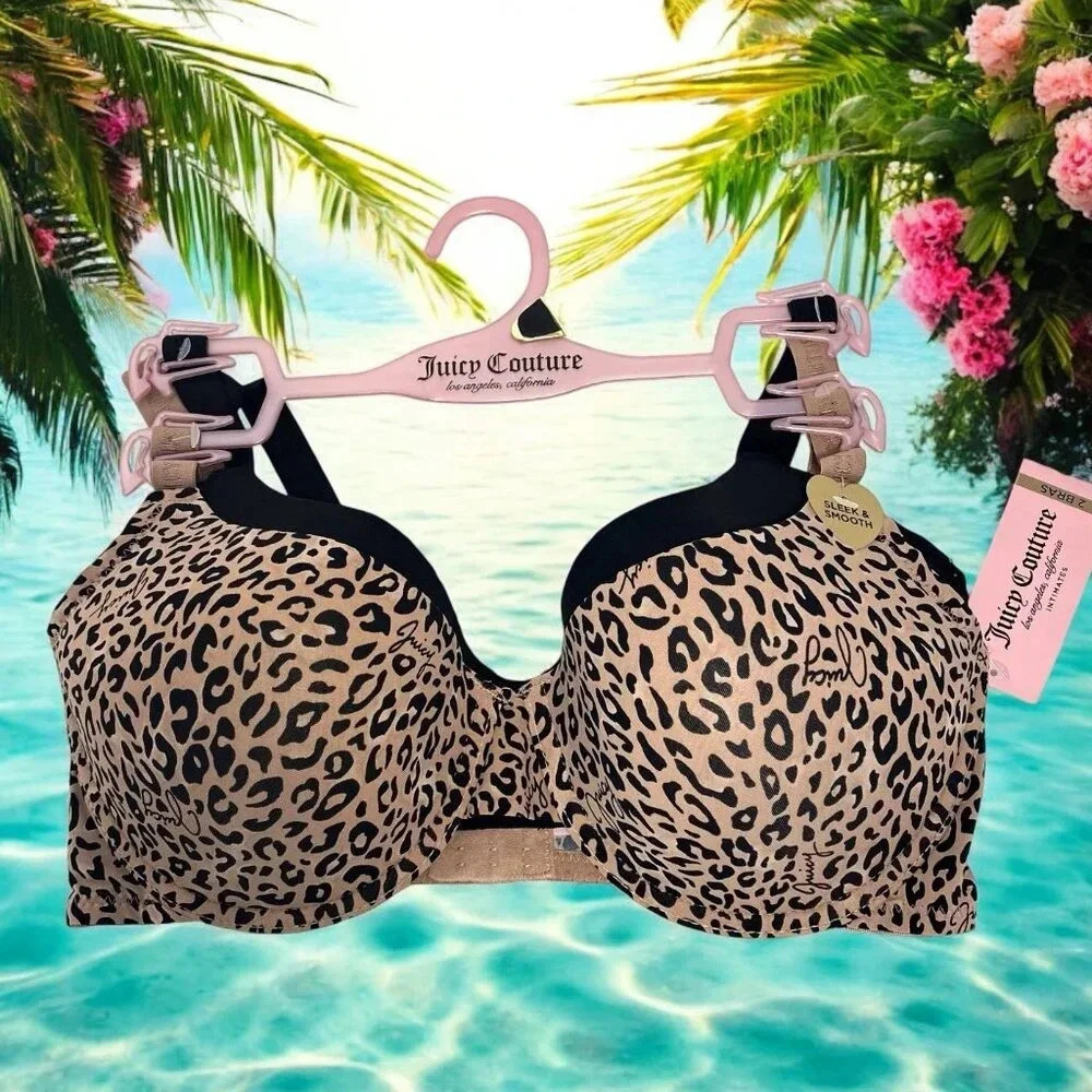 Juicy Couture  Sexy Push-Up Leopard Print & Solid Black Bra Set size 38D - Picture 6 of 8